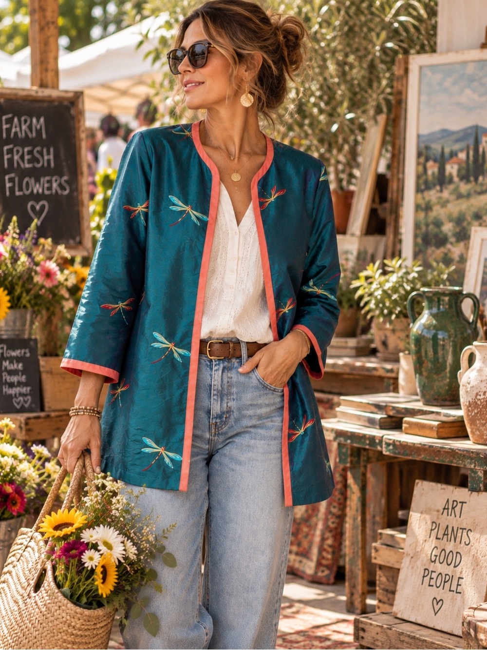 Reversible Cathayana Studio Dragonfly Silk Blend Jacket Coat Teal Melon S/M